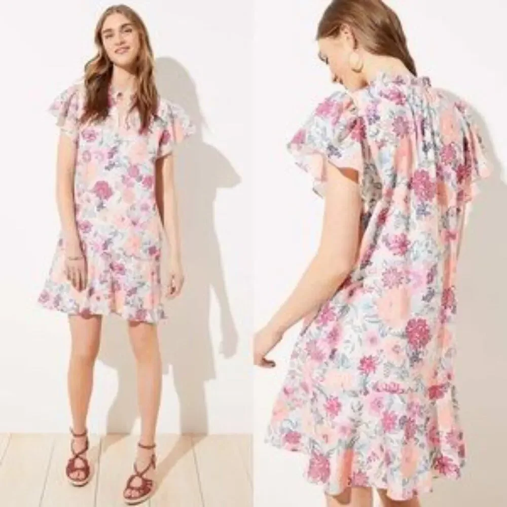 LOFT Plus Floral Ruffle Flounce Dress Pink Champagne Size 14 - Picture 10 of 10